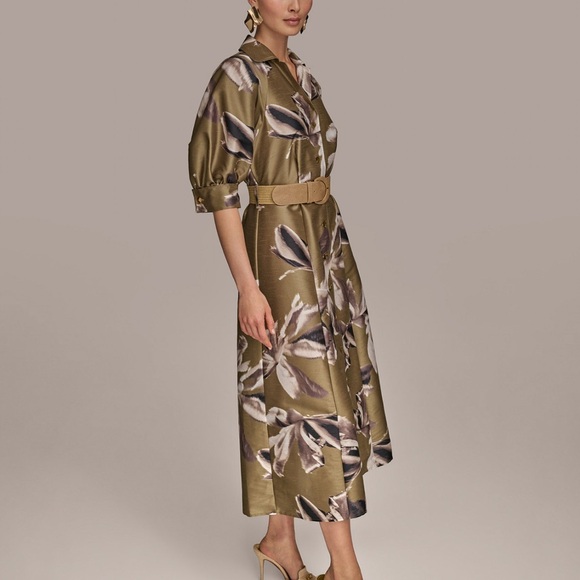 Donna Karan Floral Button-Up Shirt Dress with Belt. Size 8. Smoky Olive. NWT - Picture 6 of 9